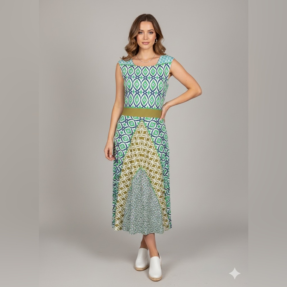 London Times Green and Yellow Patterned Dress- Size 10